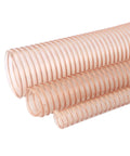 Heavy Duty Workhorse Air Duct Hose For Woodworking Dust Collection Debris Management With Reinforced Steel Wire Core For Kink Free Flex Flow And Rock Solid Shop Performance Three Point Three Feet Long One Point Five Inch Diameter close-up view of flexible duct hoses on display.
