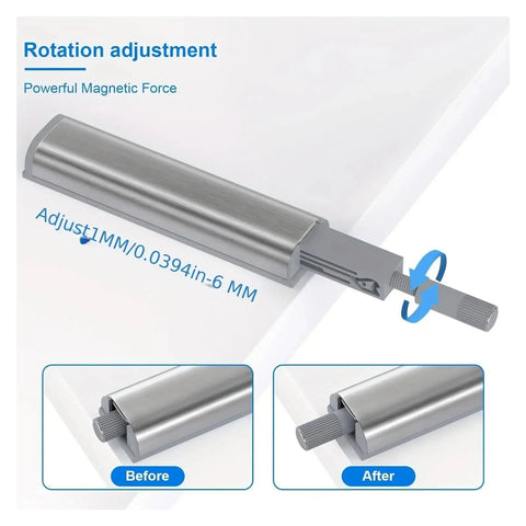 Close-up of metallic rotation adjustment feature on Magnetic Push Latch Locks With Soft Close Feature For Cabinets Doors Kitchen And Wardrobe 10 Pack Easy Install Durable Magnetic Catch Hardware For Quick Setup No Drilling Tools Required