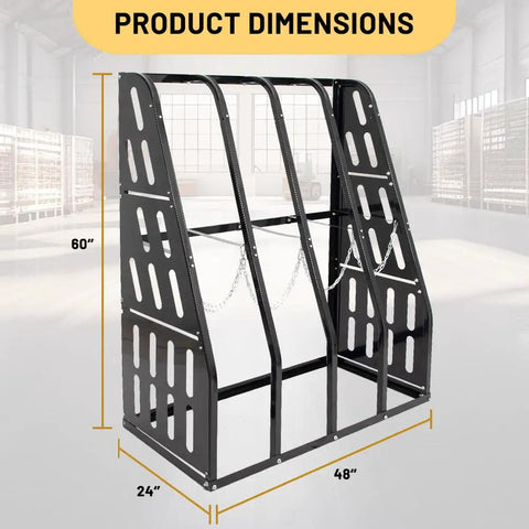 Heavy Duty Vertical Pipe And Lumber Storage Rack For Garage Or Workshop Boasts Four Wide Bays Welded From Rock Solid Steel To Haul Heavy Loads No Sweat, 60" height, 48" width, 24" depth.