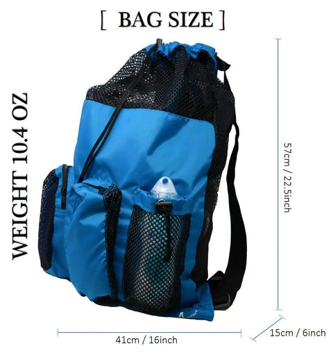Quick Dry Mesh Gym And Swim Equipment Bag With Drawstring Closure and Three External Mesh Pockets, Blue, 23 in H x 15 in W