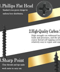 Premium Drywall Screws Number 6 By 1 Inch Phillips Bugle Head shown with features: flat head, carbon steel, and sharp point design.