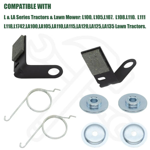 2 Pack Beefed Up Brake Pad Kit For 42 Inch Deck Tractors And Lawn Mowers With Retainer And Torsion Spring GY21943B GX20494 GX20515 GX23240 Fits L D X Series 100 105 115 110 120 125 130 Models shown with parts including brake pads, torsion springs, and retainers.