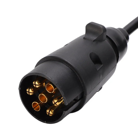 Coiled Trailer Plug Adapter 7 Pin To 13 Pin Socket 9.84 Foot RV Extension Cable For Trailers Campers And Vans With Stable Power Transmission And Easy Hookups, close-up black plug