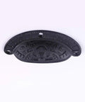 Antique Black Cast Iron Cup Bin Handle measuring 3.7x1.5 inches, showcasing sturdy craftsmanship and vintage design.