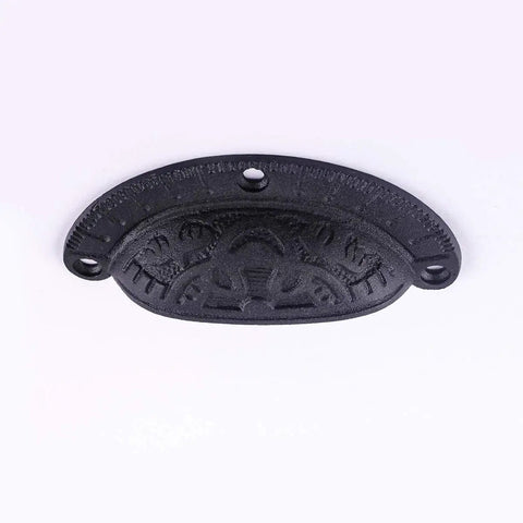 Antique Black Cast Iron Cup Bin Handle measuring 3.7x1.5 inches, showcasing sturdy craftsmanship and vintage design.