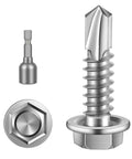 Size Twelve Hex Washer Head Self Drilling Screws With Piercing Tips For Quick Sheet Metal And Lumber Jobs Stainless Steel 410 displayed with driver and hex head.