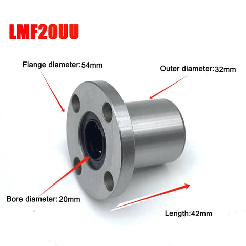 Lmf20uu Linear Bearing Round Flange Bushing 20mm Id 32mm Od 42mm Long, showing flange hole and measurements for CNC use.