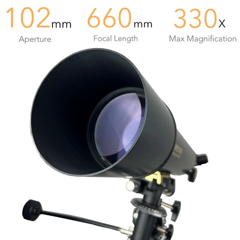 Close-up of 102mm Refractor Telescope For Beginners With Equatorial Mount Ideal For Adults And Kids Ages 8 To 12 High Clarity Optics
