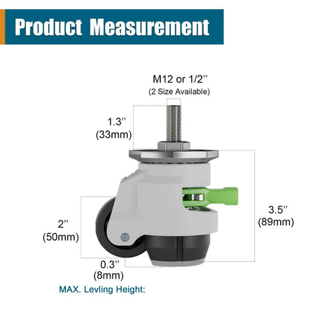 Heavy Duty Stem Leveling Casters Set Of 4, 2200 Lbs Load Capacity, Adjustable Leveling Feet, 2 Inch T60 with measurements shown