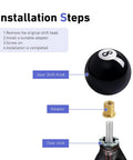 Installation steps for Classic 8 Ball Shift Knob For Manual Transmission Gear Shifter with acrylic grip and adapter.