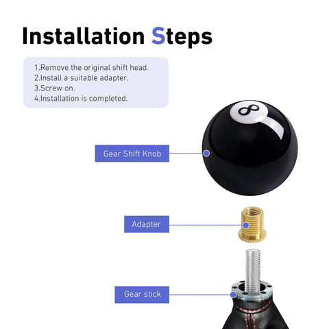 Installation steps for Classic 8 Ball Shift Knob For Manual Transmission Gear Shifter with acrylic grip and adapter.