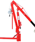 Heavy Duty Hydraulic Jib Crane With Hitch Mount Lift For Pickup Trucks And Pwc Boats Features Rock Solid Steel Frame And Zero Sweat Single Person Operation close-up of red steel frame with pulley and hydraulic cylinder.