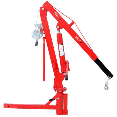 Heavy Duty Hydraulic Jib Crane With Hitch Mount Lift For Pickup Trucks And Pwc Boats Features Rock Solid Steel Frame And Zero Sweat Single Person Operation close-up of red steel frame with pulley and hydraulic cylinder.
