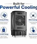 Heavy Duty Portable Evaporative Air Cooler With 9000 CFM Industrial Swamp Cooling And A 12 Gallon Tank showing strong airflow and portable design.