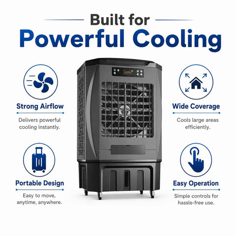 Heavy Duty Portable Evaporative Air Cooler With 9000 CFM Industrial Swamp Cooling And A 12 Gallon Tank showing strong airflow and portable design.