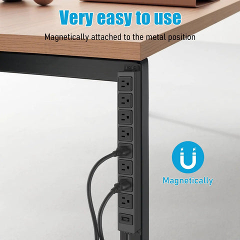 Eight Outlet Magnetic Power Strip With 6 Ft 14AWG Cord Mounts On Metal Surfaces No Drill Setup Includes Four Screws For Easy Wall Or Desk Use Perfect For Garage Shop Or Home Office, black under desk