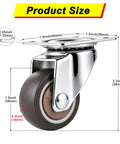 Heavy Duty 1.5 Inch Swivel Caster Wheels Featuring Lockable Rubber Tread And Screw In Mount with size dimensions shown.