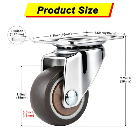 Heavy Duty 1.5 Inch Swivel Caster Wheels Featuring Lockable Rubber Tread And Screw In Mount with size dimensions shown.