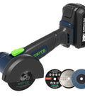 Cordless Cut Off Tool 20V Max Mini Portable Metal Cutter with three inch disc, 2Ah battery, and three cutting discs.