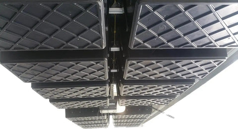 Overhead Garage Storage System With One Or Two Six Tote Sets Using Greenmade 27 Gallon Totes Sold By Costco Patent Protected Design With Hidden Hardware