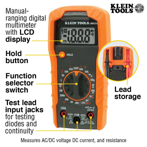 Digital Multimeter With Manual Ranging For Everyday Electrical Troubleshooting Measures Up To 600V AC DC with LCD and test lead storage