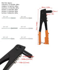 Heavy Duty Rivet Tool Kit With 120 Rivets For Metal And Plastic High Strength Pop Riveter Set showing dimensions and rivet sizes