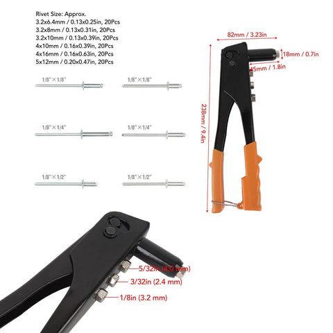 Heavy Duty Rivet Tool Kit With 120 Rivets For Metal And Plastic High Strength Pop Riveter Set showing dimensions and rivet sizes