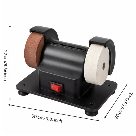 Compact Bench Grinder With Dual Polish Wheels, Straight Up Rock Solid Rubber Base, High Power Electric Sharpening Machine For Quick Workshop Repair Jobs, Built Dang Tough And Runs Totally Smooth Now, showcasing dual polish wheels.