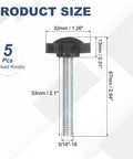Five Pack Black Star Knobs With 5/16 Inch 18 Threads 2.1 Inch Male Studs showcasing size dimensions and features.