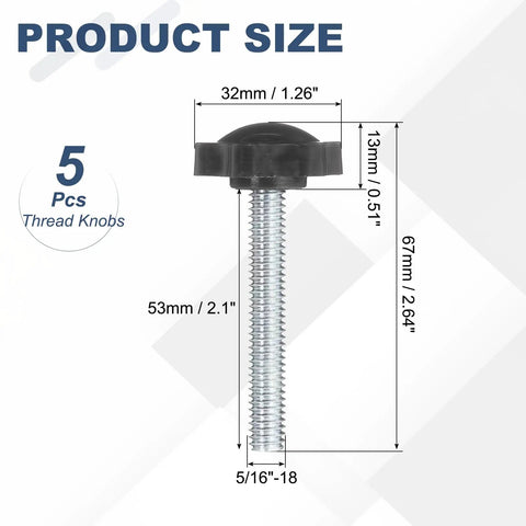 Five Pack Black Star Knobs With 5/16 Inch 18 Threads 2.1 Inch Male Studs showcasing size dimensions and features.