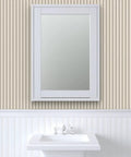 Kick Up Your Walls With Rustic Farmhouse PVC Free Type II Wallpaper Matte Linen Finish Heavy Duty For Kitchens And Baths Easy Paste To Paper Setup Good For Any Space on a bathroom wall with a mirror.