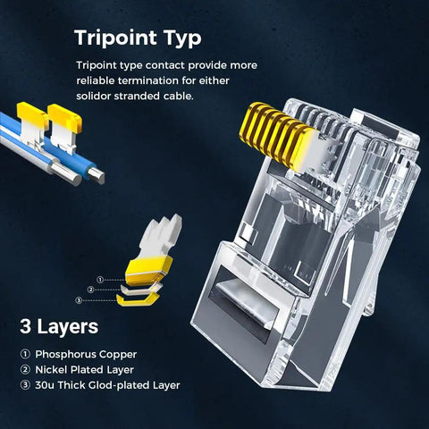 100 Pack RJ45 Cat6 Pass Through Connectors For Solid Or Stranded UTP Cable, Modular Plugs, Easy Crimp Termination, Supports 24 To 26 AWG And Up To 6.1mm OD, Pro Grade For Home Office Networking And DIY Cabling, clear pass-through plug with 3-layer gold-plated contacts