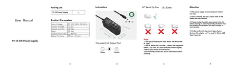 Instruction manual for Universal 5V 1A DC Power Supply Adapter from 100-240V AC to 5V output with 5.5x2.5mm barrel tip.