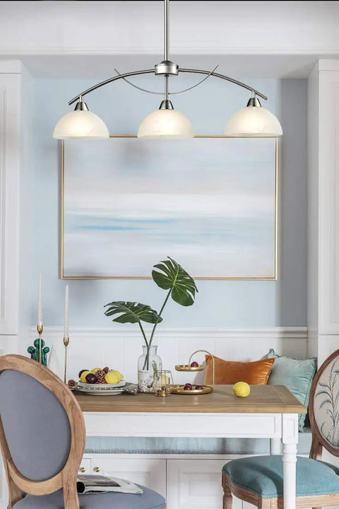 Modern Frosted Glass Alabaster Shade Pendant Lighting For Kitchen Island With Arched Rod Hung Sloped Ceiling Brushed Nickel Finish 3 Light Fixture ETL Listed Sleek And On Trend Kitchen Lighting in dining area