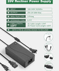 Universal Electric Recliner Power Supply Adapter For Two Pin Switching Transformer Replacement Compatible With ZBHWX W52RA73 HXY KDDY And More Models, 29V power supply with 10ft cables.