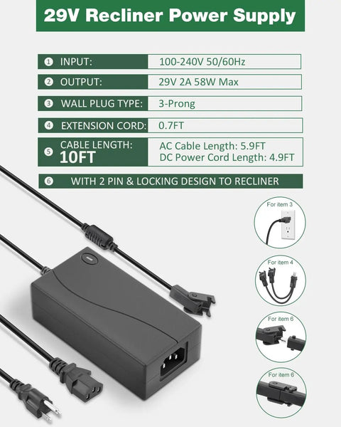 Universal Electric Recliner Power Supply Adapter For Two Pin Switching Transformer Replacement Compatible With ZBHWX W52RA73 HXY KDDY And More Models, 29V power supply with 10ft cables.