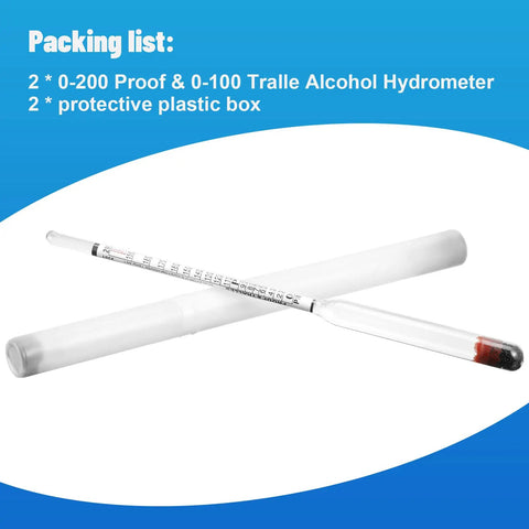 2 Pack Alcohol Hydrometers 0-200 Proof And 0-100 Tralle Alcohol Proof Gauges For Moonshine Still, Home Brew, Wine Making, Distilling, Easy Float And Readout For Accurate Alcohol Content. set in plastic case