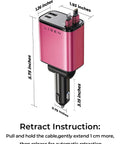 Retractable Car Charger Featuring 84W USB C Fast Power Dual Snakes Keep Your Center Console Crisp And Wire Free Knockout Speed Boost For iPhone 17 16 15 Pro Max, showing dimensions and retract instruction.