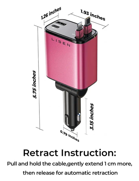 Retractable Car Charger Featuring 84W USB C Fast Power Dual Snakes Keep Your Center Console Crisp And Wire Free Knockout Speed Boost For iPhone 17 16 15 Pro Max, showing dimensions and retract instruction.