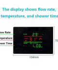 Display showing flow rate, temperature, and shower time on Compact Micro Water Flow Generator With Display G1 Half Inch Male Thread Hydro Turbine For DC Charging Ideal For RVs Tankless Heaters Smart Showers And LED Lighting unit.