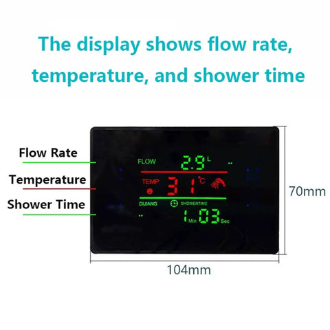 Display showing flow rate, temperature, and shower time on Compact Micro Water Flow Generator With Display G1 Half Inch Male Thread Hydro Turbine For DC Charging Ideal For RVs Tankless Heaters Smart Showers And LED Lighting unit.