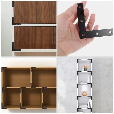 30-Piece Black L-Shaped Corner Brackets Set for Furniture and DIY Projects, heavy duty metal plates in use on shelves