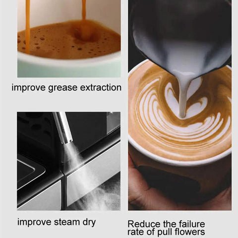 Collage showing espresso extraction, milk steam frothing, and latte art with Home Espresso Machine With Dual Brew Options Single Serve Or 12 Cup Carafe Fully Programmable Auto Shutoff Semi Automatic Cafe Style Coffee Maker With Steam Milk Foam 1.5L And 20 Bar Pressure enhancements.
