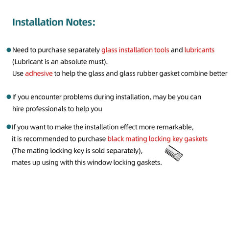 Installation notes for Top Notch EPDM Dense Rubber Window Seal Gasket with tools and accessories details.