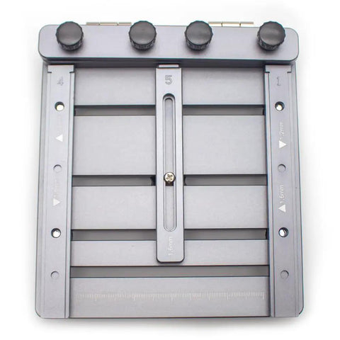 Top view of upgraded mini CNC solder paste stencil printer with laser etched scales and tool free clamping up to 13.5 cm.