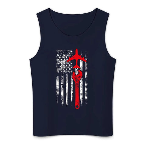 Men's Sleeveless Workout Tank Top With American Flag Graphic For Aircraft Mechanics And Gym Rats Hella Comfy Breathable Cotton Fit Perfect For Heavy Lifting And Daily Street Drip in navy with wrench and aircraft design.