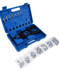 Awesome GFSGHZZ Hand Riveter Tool Set With Auto Locking Mechanism And 126 Piece Rivet Kit For M3 To M12 Fasteners Perfect For DIY Pros and Home Projects open case with riveter and rivets