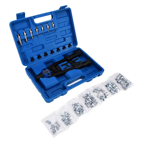 Awesome GFSGHZZ Hand Riveter Tool Set With Auto Locking Mechanism And 126 Piece Rivet Kit For M3 To M12 Fasteners Perfect For DIY Pros and Home Projects open case with riveter and rivets