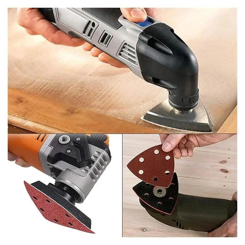 Fresh 20PC Triangular Sanding Discs With 6 Hole Hook And Loop Design For Smooth Woodworking and DIY Projects shown on power tools.