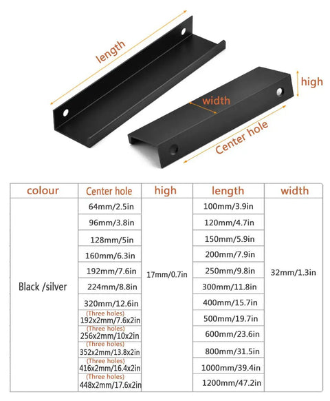 Diagram of Invisible Aluminum Drawer Handle For Cabinets And Dressers with dimensions in black finish, showcasing center hole placement.